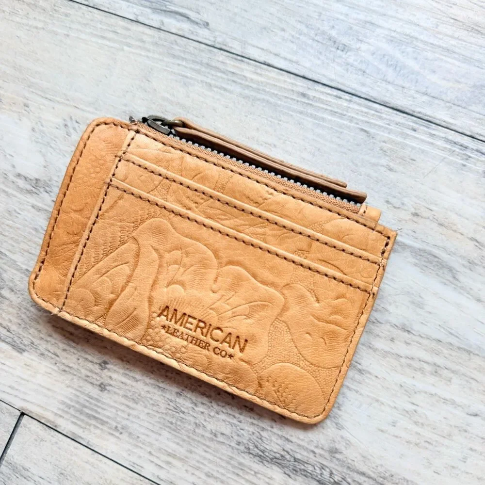 American Leather Co Tan Floral Embossed Leather Zip Card Holder ID Wallet